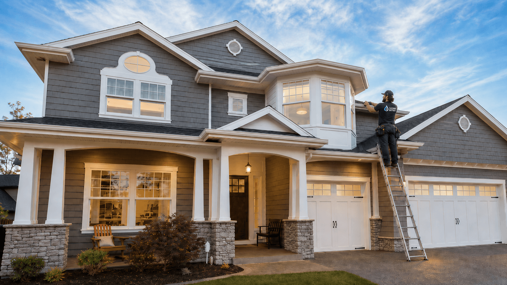 Lacombe Gutters technician installing eavestroughs on a Central Alberta home